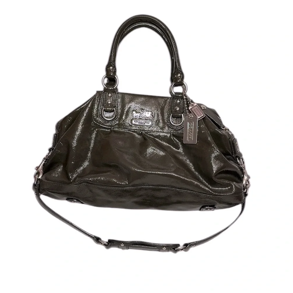 Coach Madison Sabrina Satchel Olive Green/Gray Authentic Patent Leather Purse